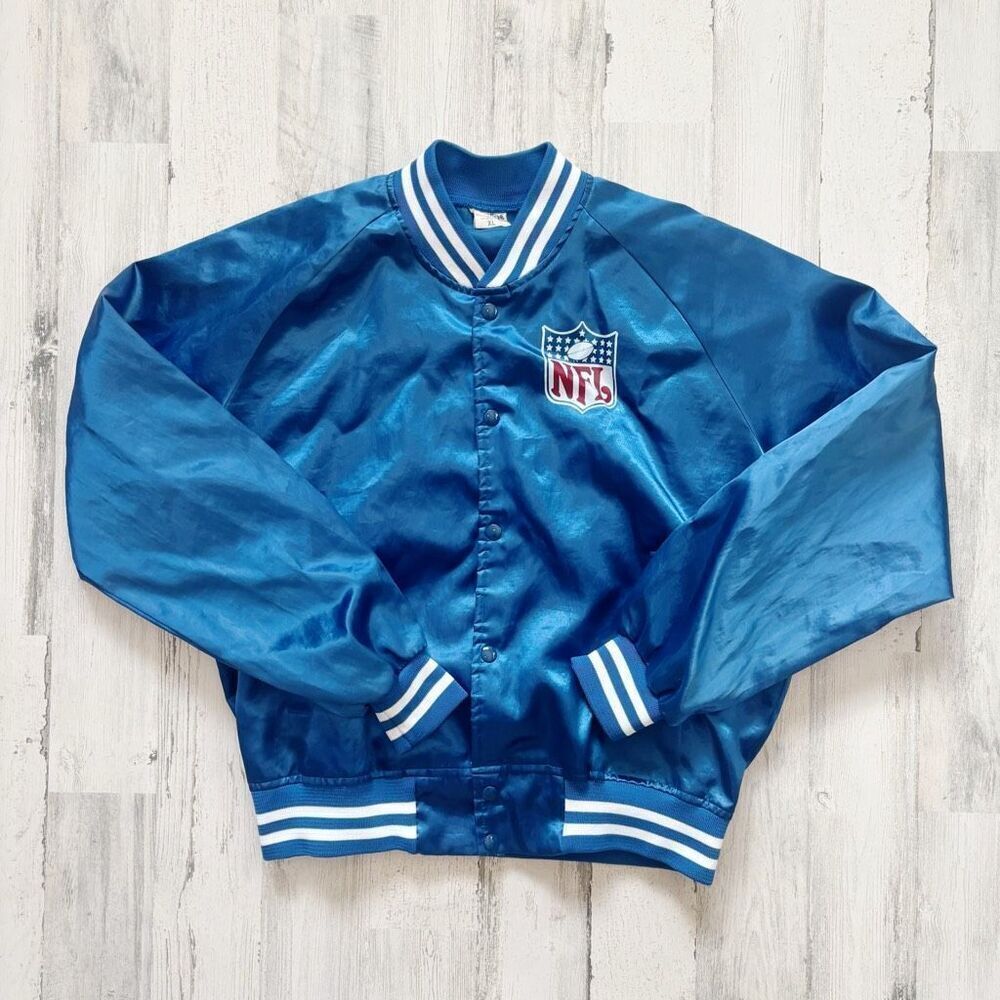 Vintage NFL Chalk Line Blue Satin Varsity Jacket Size XL
